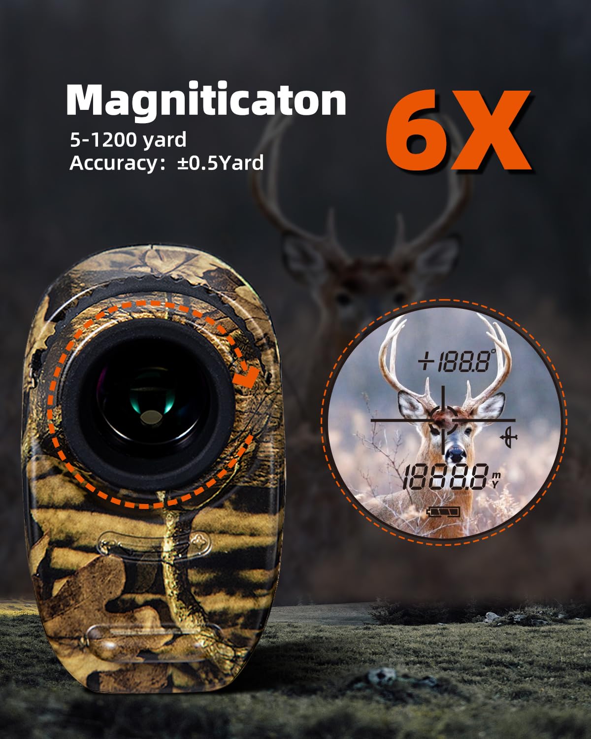 AOFAR HX-1200T in bow mode shows angle and horizontal distance for shot planning.