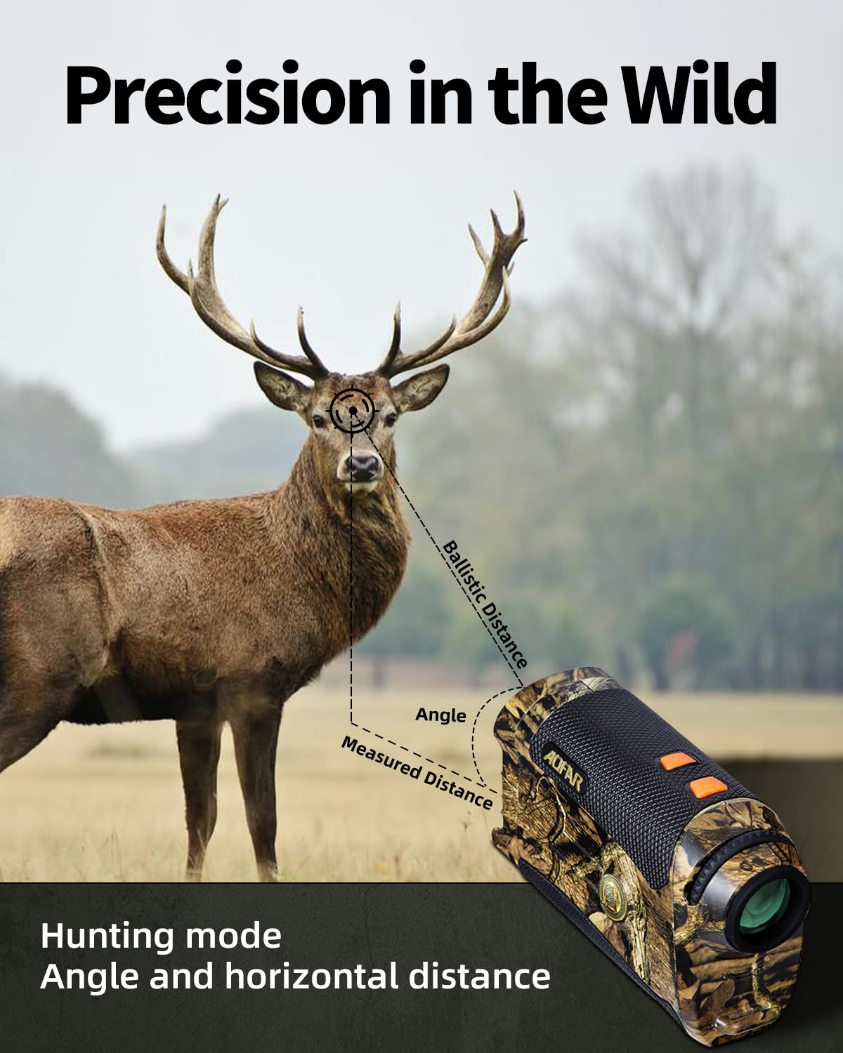 AOFAR HX-1200T hunting mode displays straight-line distance for field assessment.