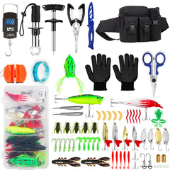 AOFUXTI 112-piece fishing tool kit laid out with tools and the black carry bag