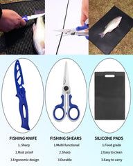 AOFUXTI fishing tool kit scale and towel closeup emphasizes measurement accuracy and handy cleaning.