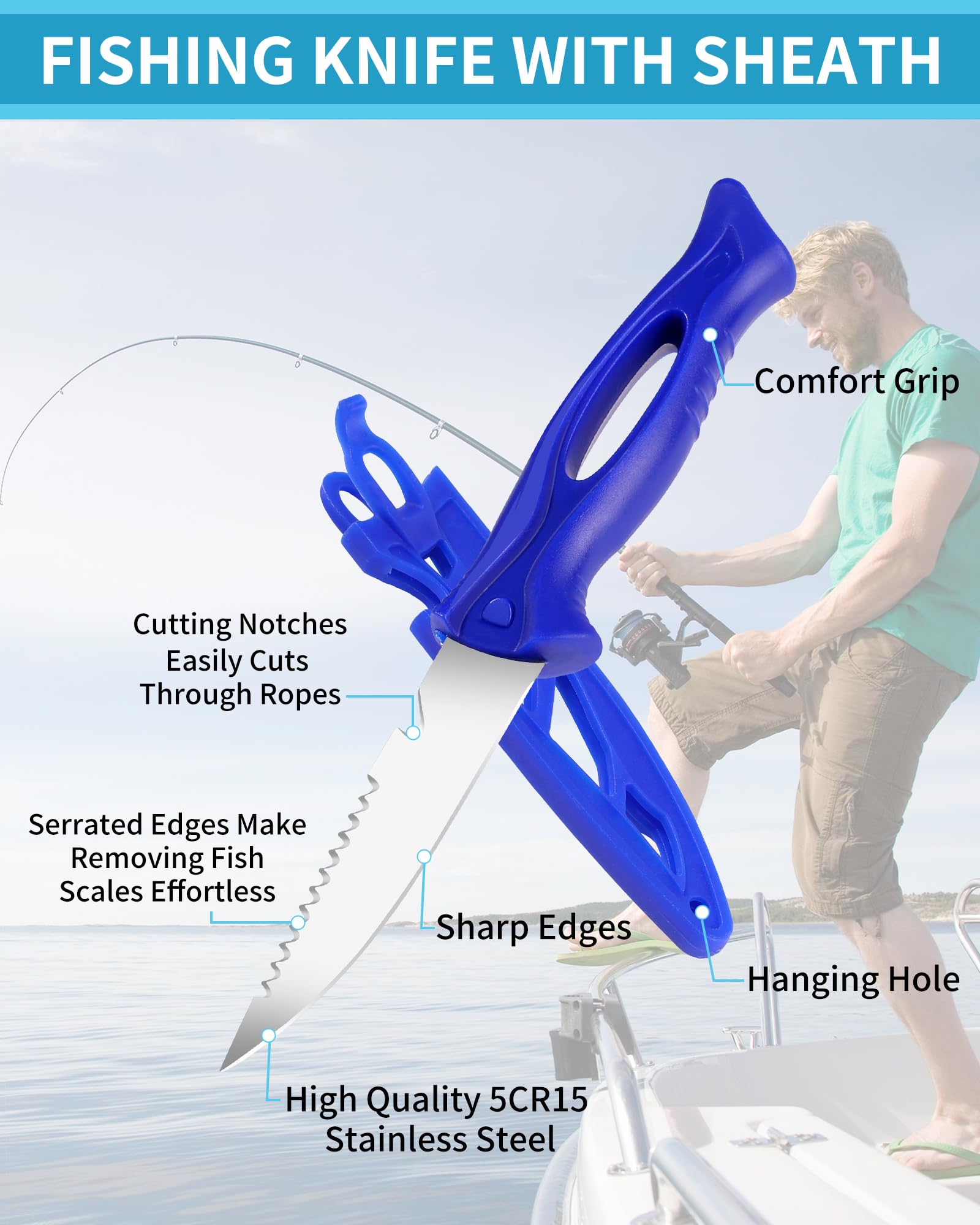 Fish knife and sharpening tool included in the kit