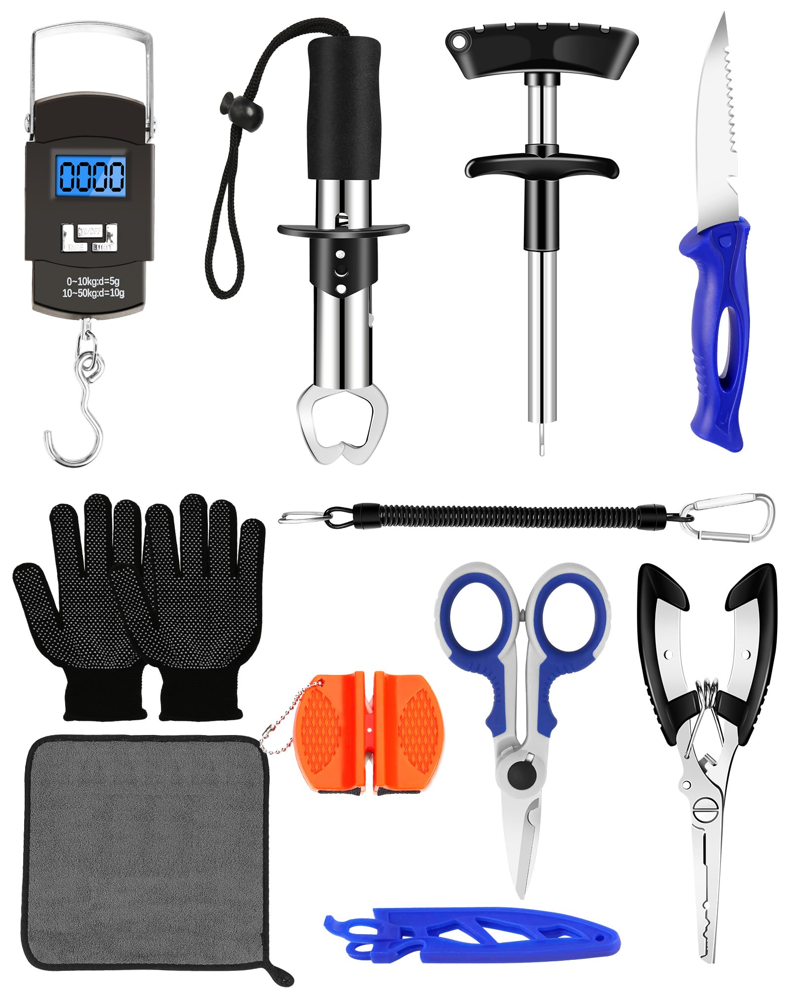 Front view of AOFUXTI Fishing Tool Kit in orange with scale