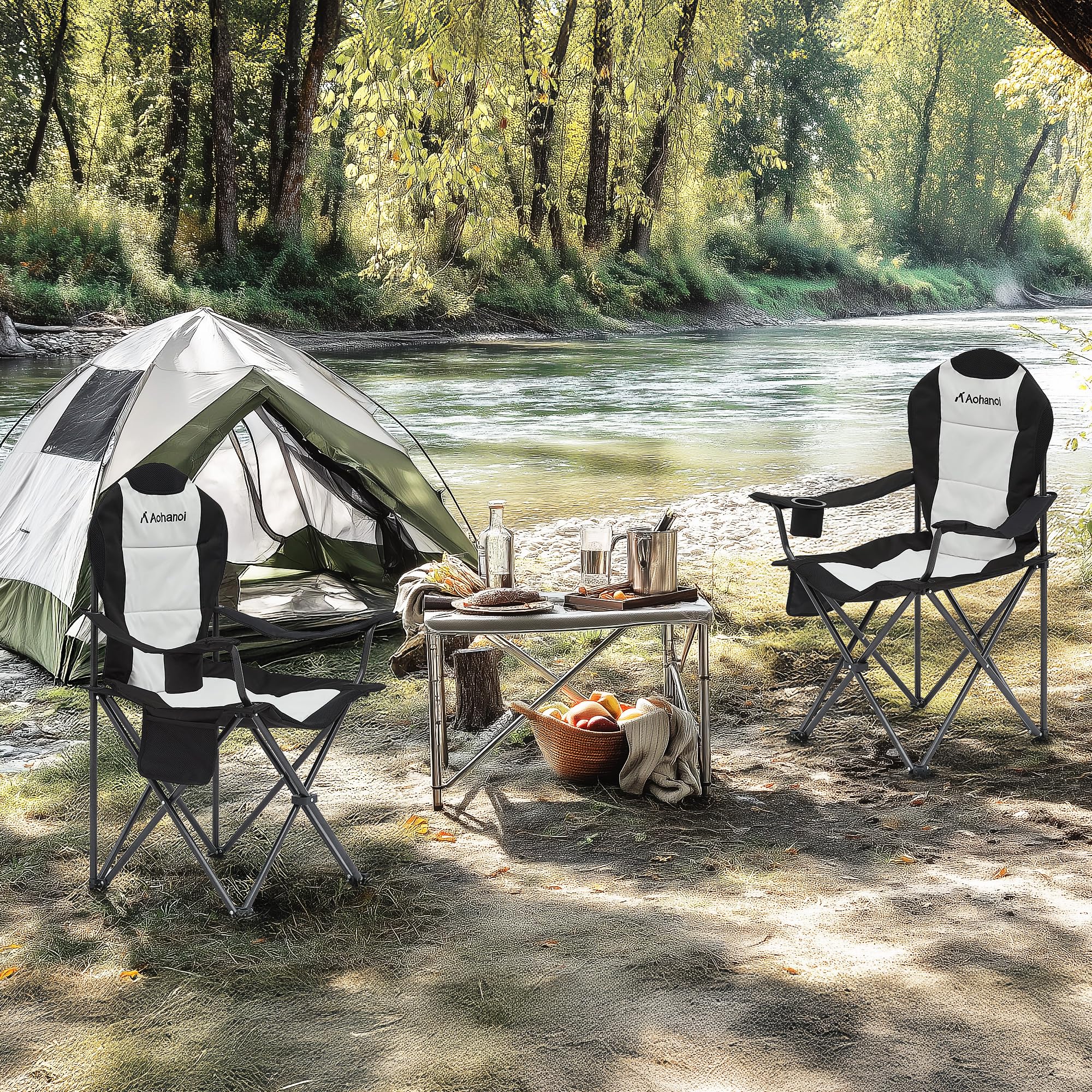 Aohanoi 2-pack camping chairs with insulated cooler bag for beverages on trips.