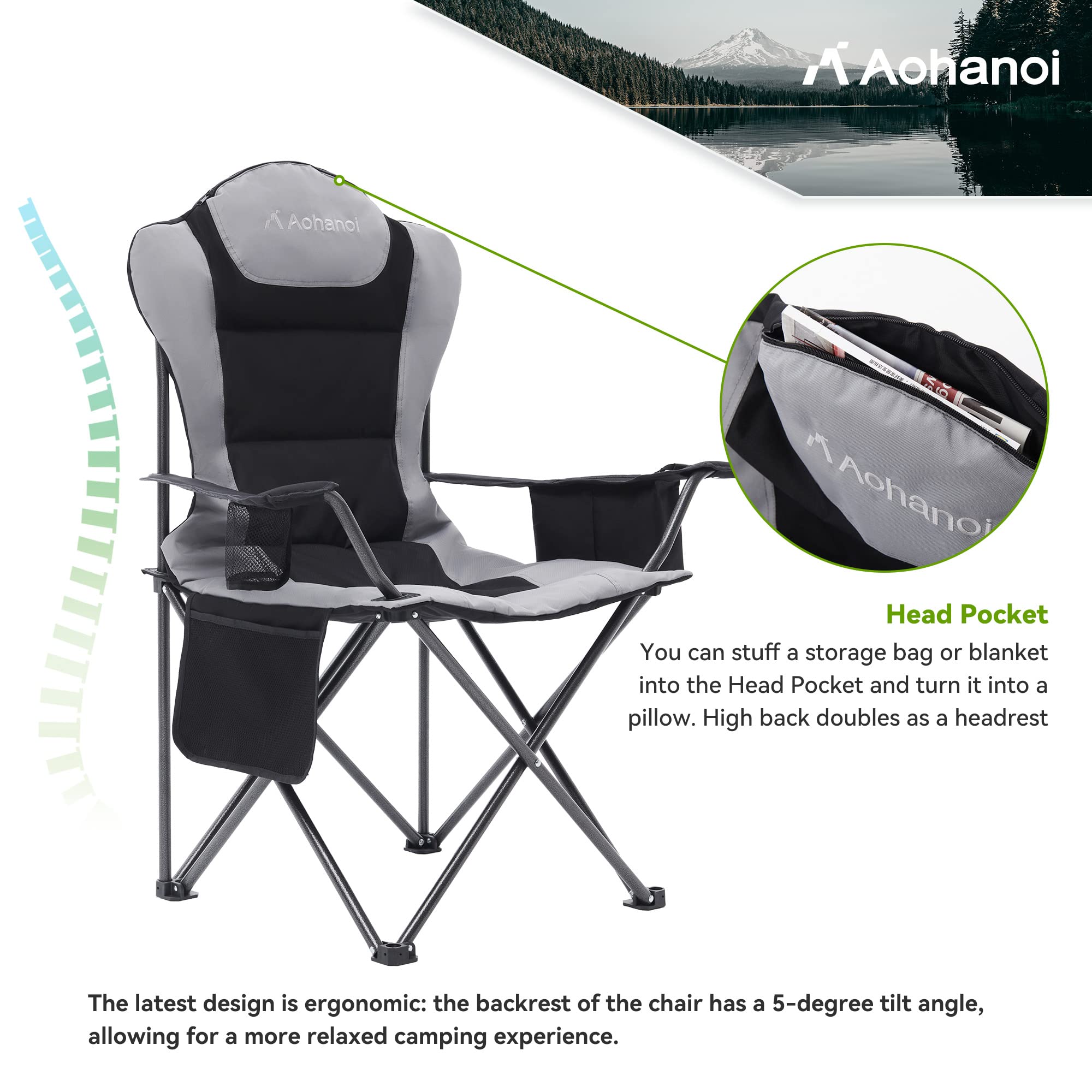 Aohanoi chair uses 600D Oxford fabric and steel frame supports up to 450 lbs.