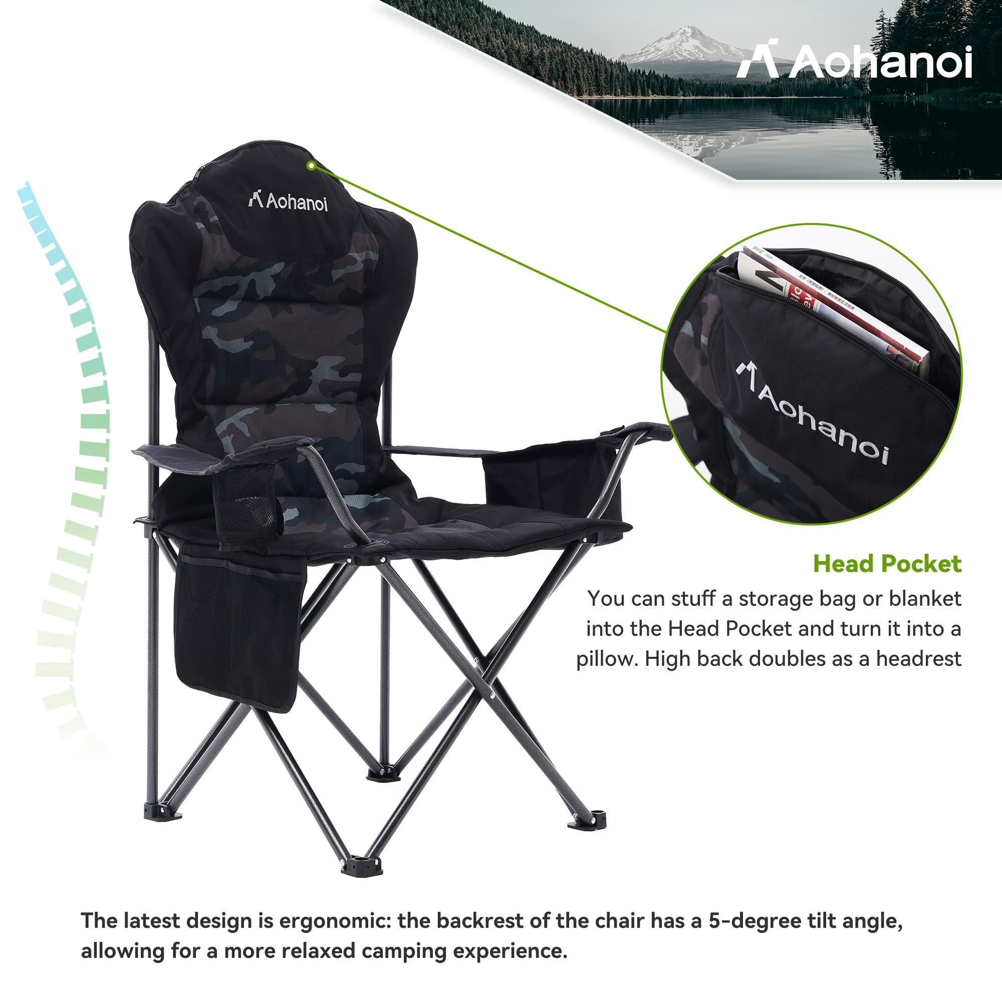Aohanoi camping chair folded compact with carrying strap for travel.