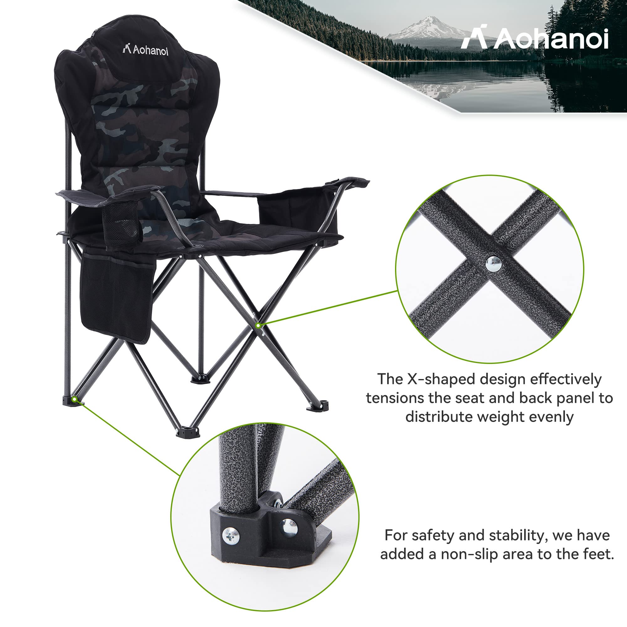 Aohanoi camping chairs camo in trunk-fit setup suitable for car camping trips.