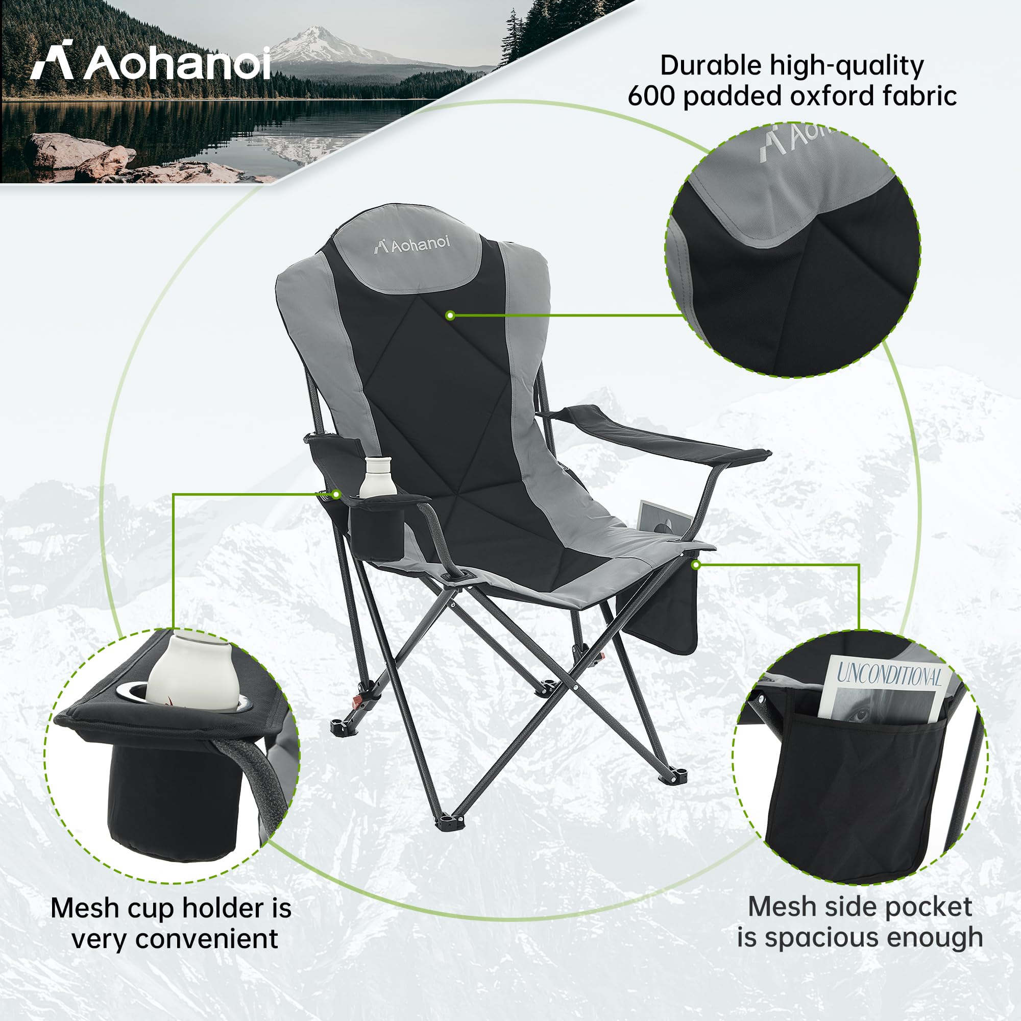 Aohanoi camping chair featuring a cup holder for beverages outdoors