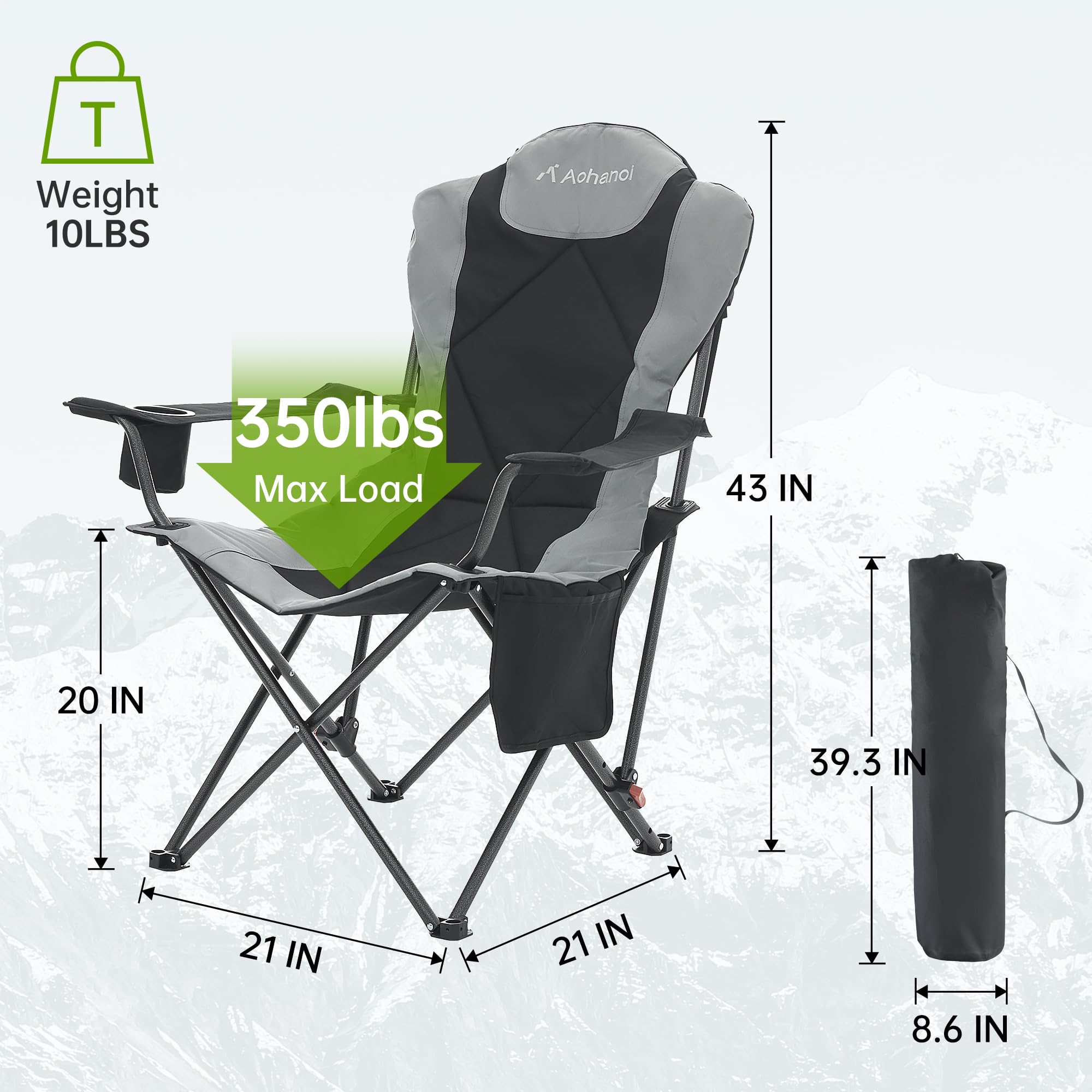 Aohanoi camping chair showing head pocket and storage for essentials