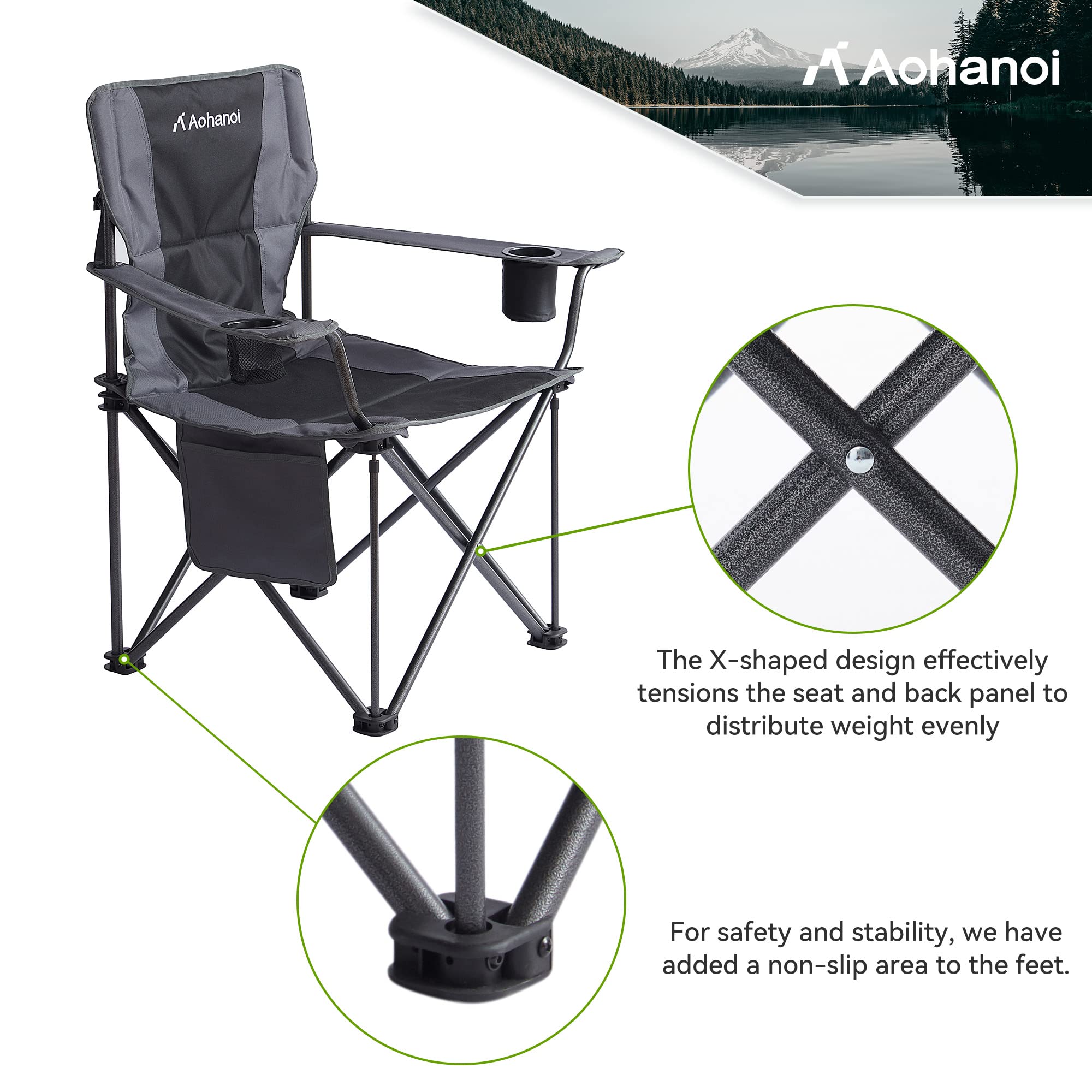 Aohanoi folding chair folded compact in carry bag for easy transport.
