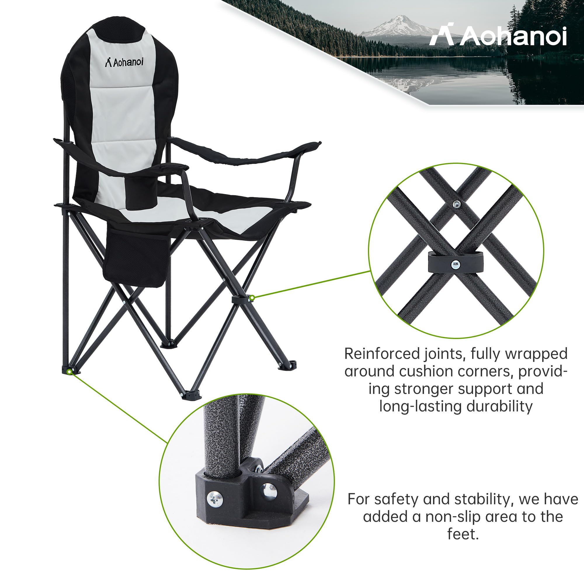 Aohanoi 300 lbs capacity foldable chair built with sturdy steel frame.