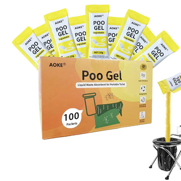 AOKE portable toilet powder 100-pack box prepared for camping waste management.