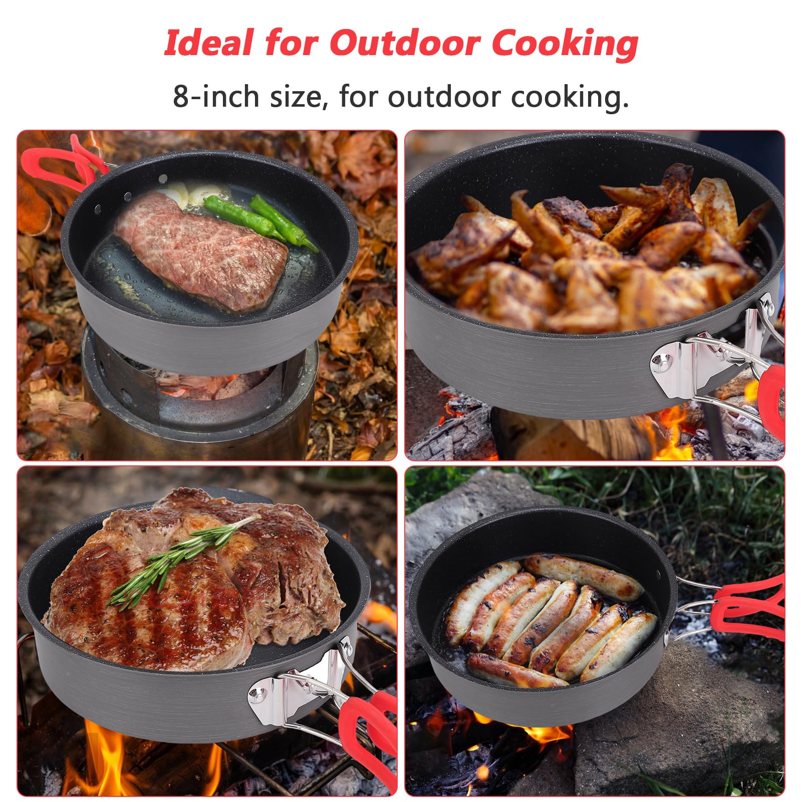 Aomiun 8-inch camping frying pan shows smooth non-stick coating for quick cleanup.