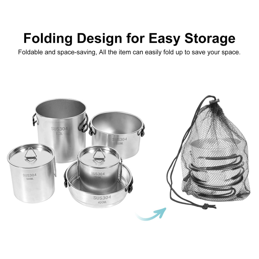 Aomiun camping cookware set folding handles for compact backpack storage.
