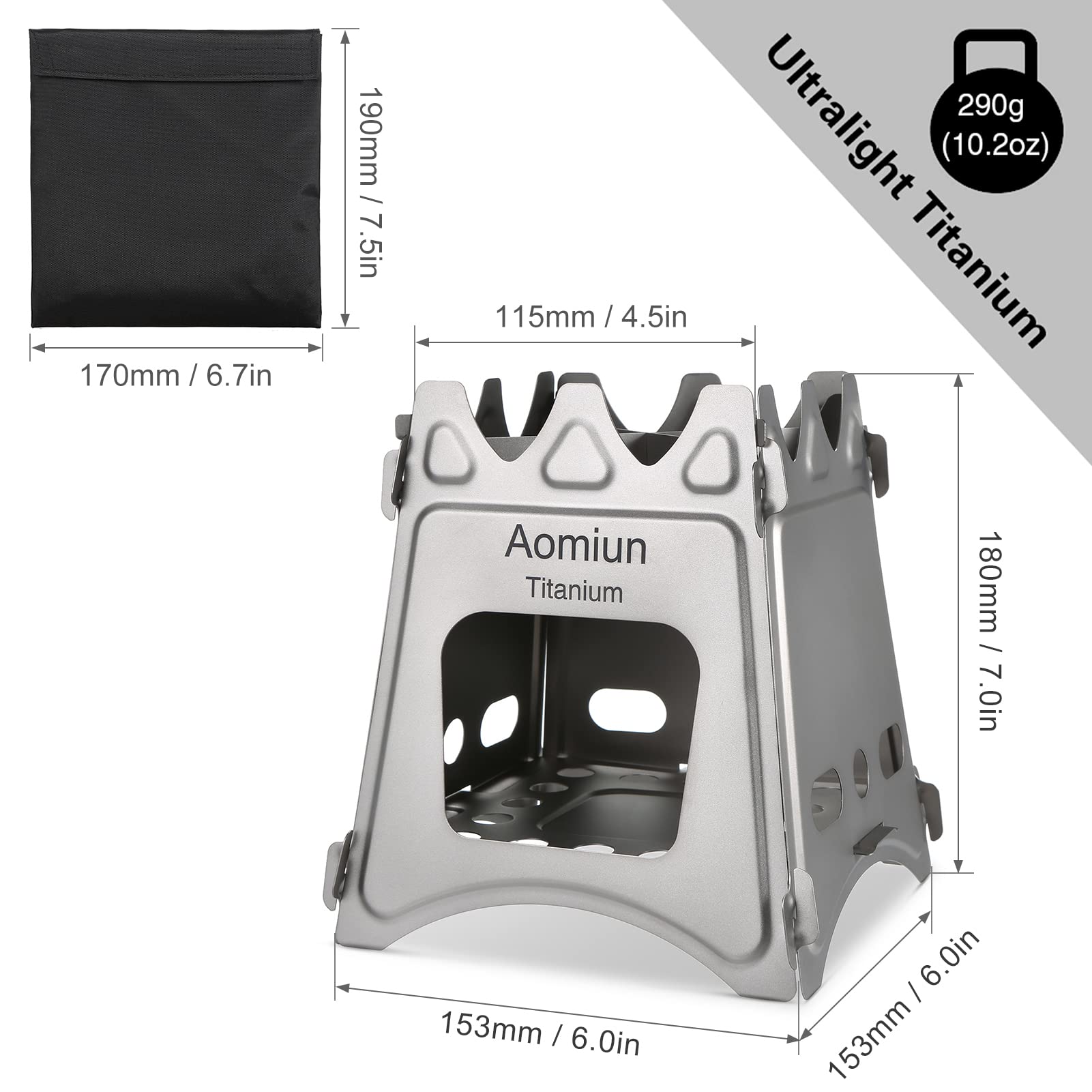 Aomiun camping stove side view, showcasing wide opening for easy wood feeding and airflow.