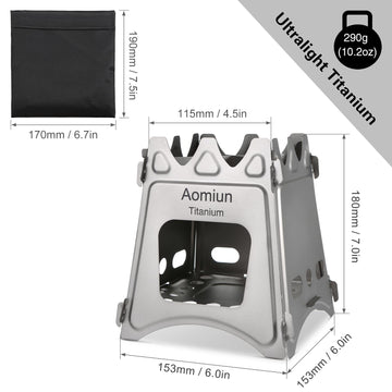 Aomiun camping stove side view, showcasing wide opening for easy wood feeding and airflow.