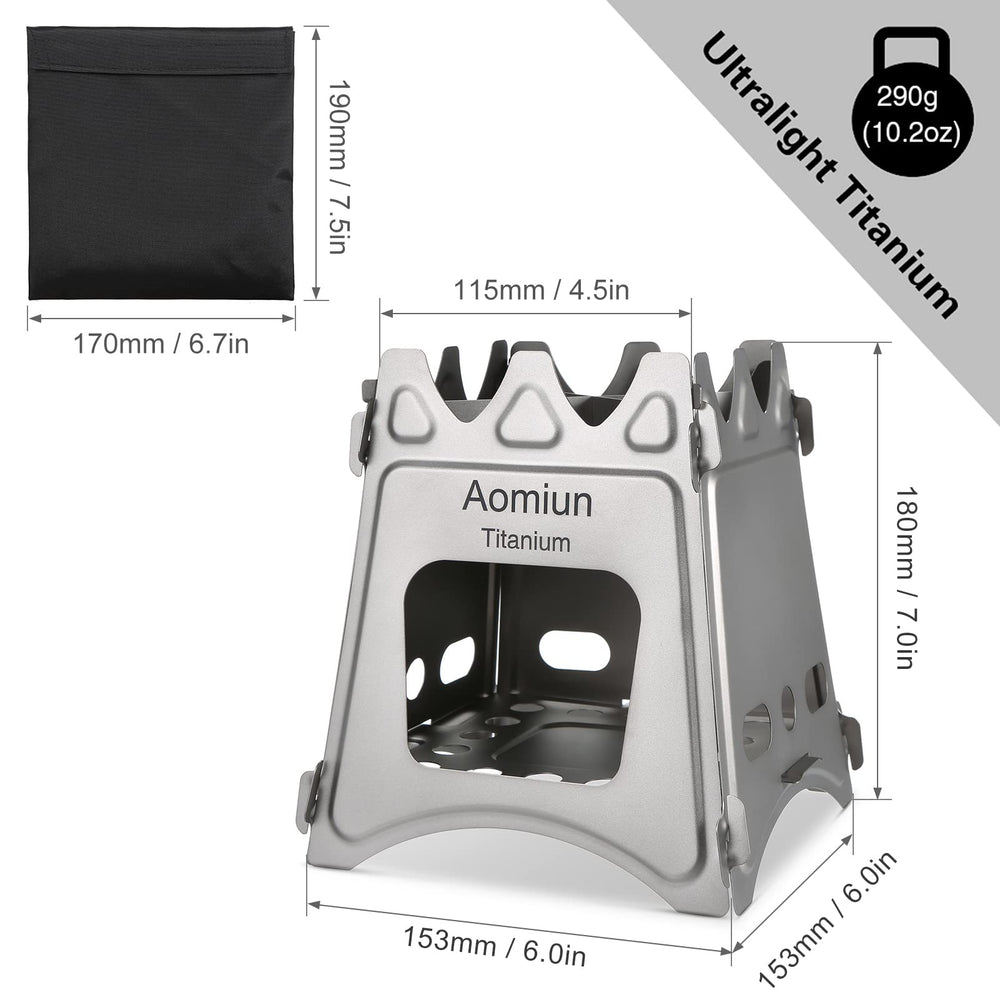 Aomiun camping stove side view, showcasing wide opening for easy wood feeding and airflow.