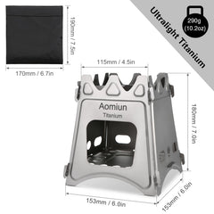 Aomiun camping stove side view, showcasing wide opening for easy wood feeding and airflow.