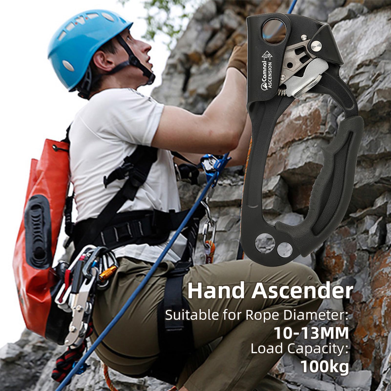 Aomiun ascender with stainless steel cam for reliable grip on wet or muddy ropes.