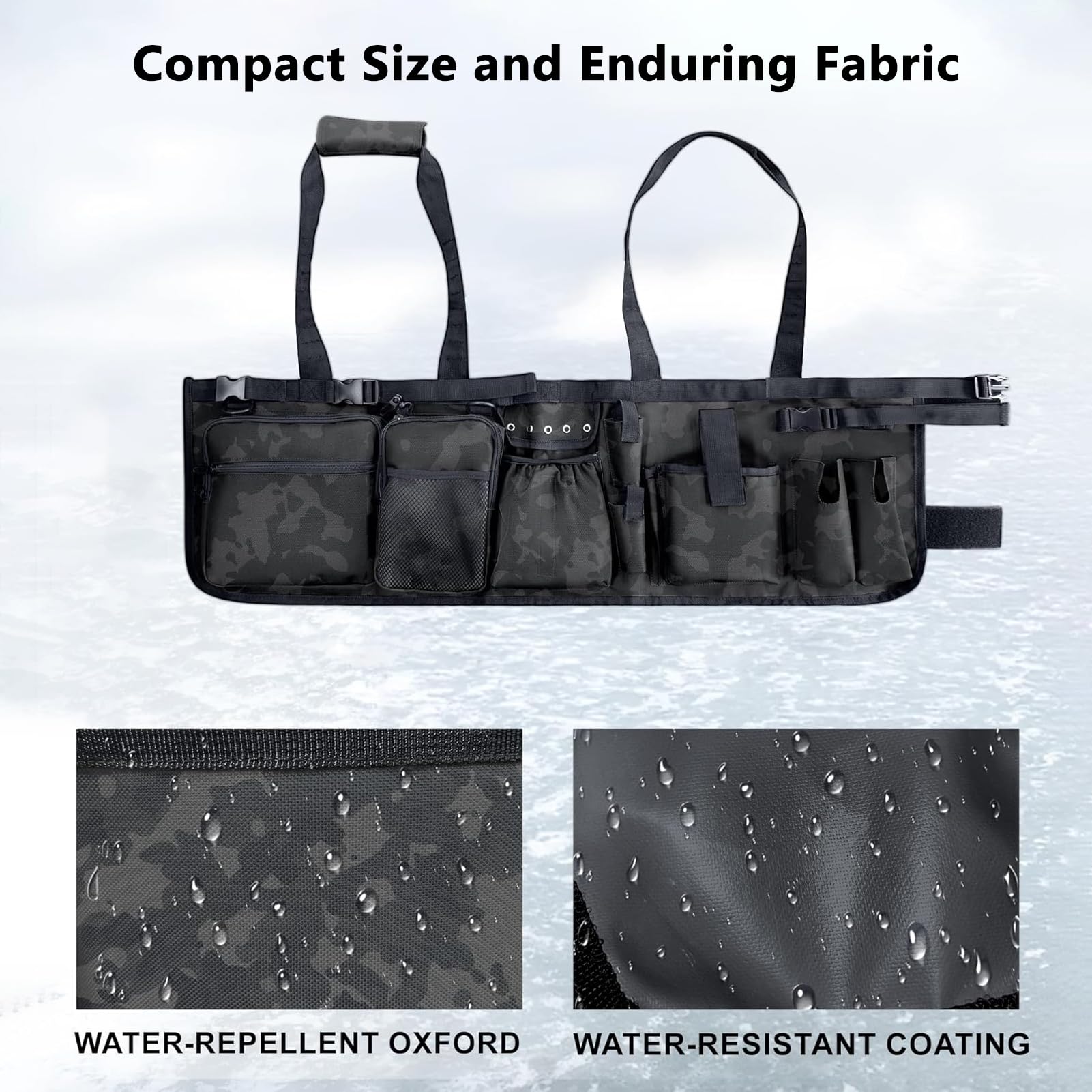 Aomiun fishing bucket bag adjustable hook loop opening fits multiple bucket sizes securely.