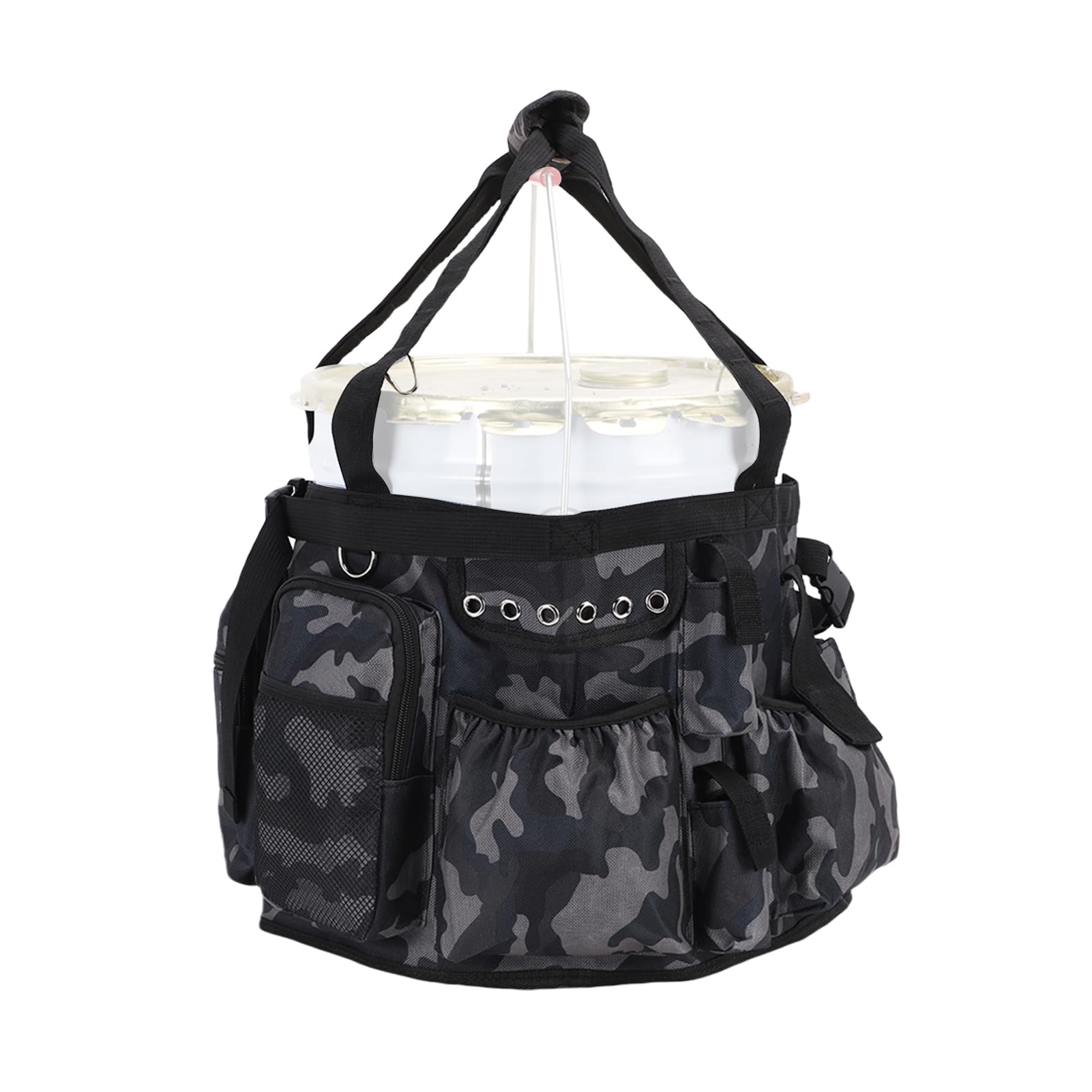 Aomiun fishing bucket bag main pocket keeps bait and batteries organized during trips.
