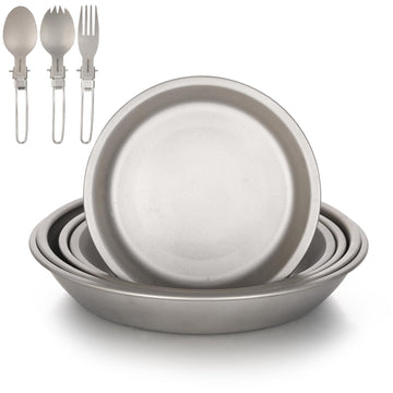 Aomiun titanium camping plate set with folding utensils for convenient outdoor dining