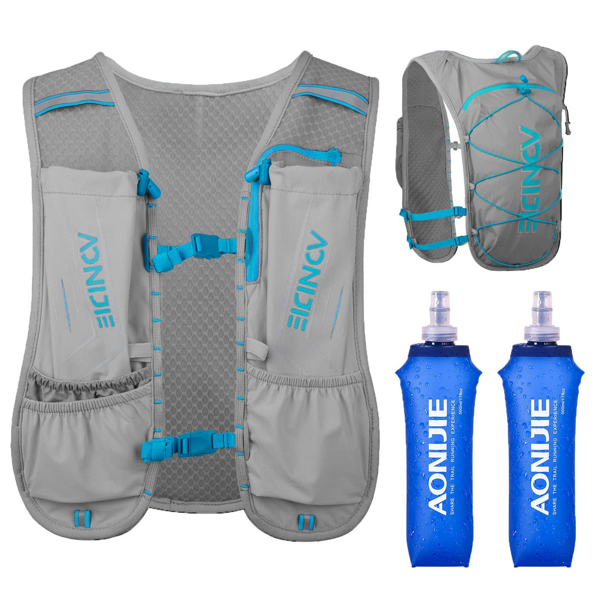 AONIJIE hydration vest gray front view showing lightweight design and pockets.