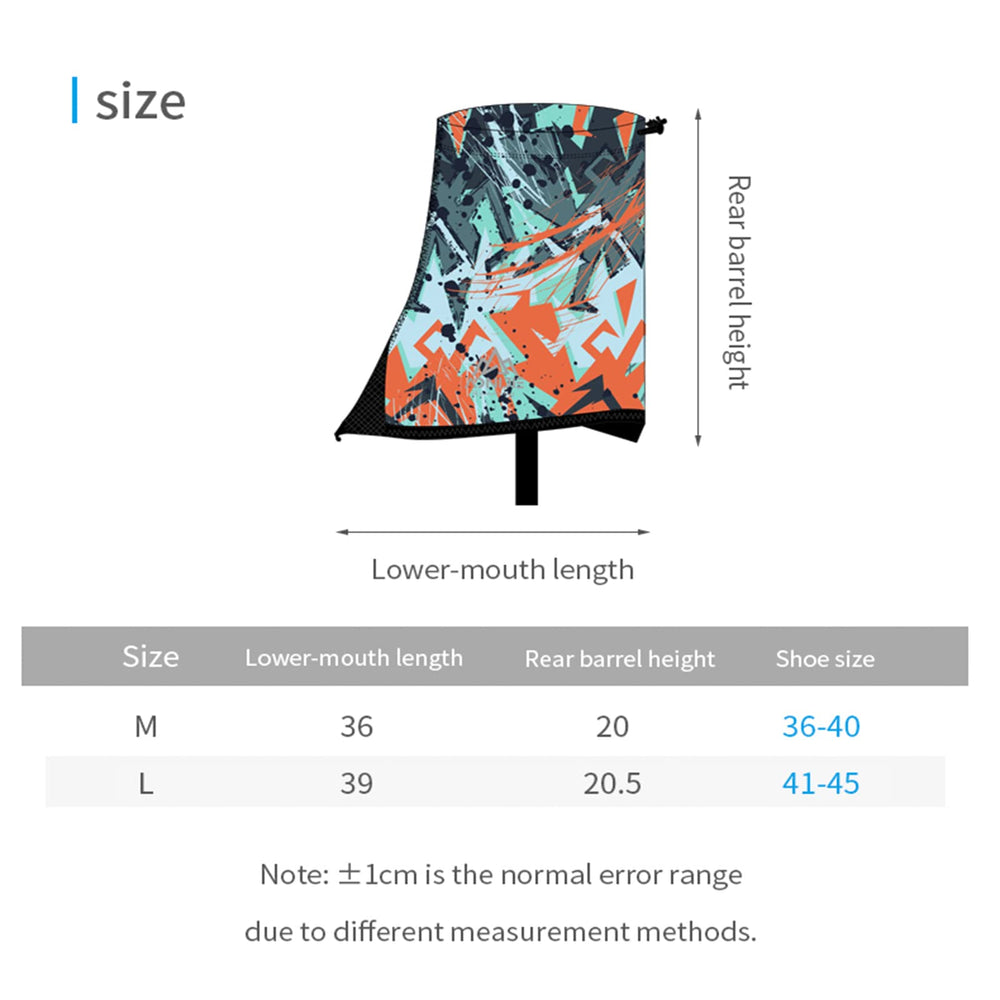 AONIJIE gaiters adjustable drawstring fit over various shoe sizes.