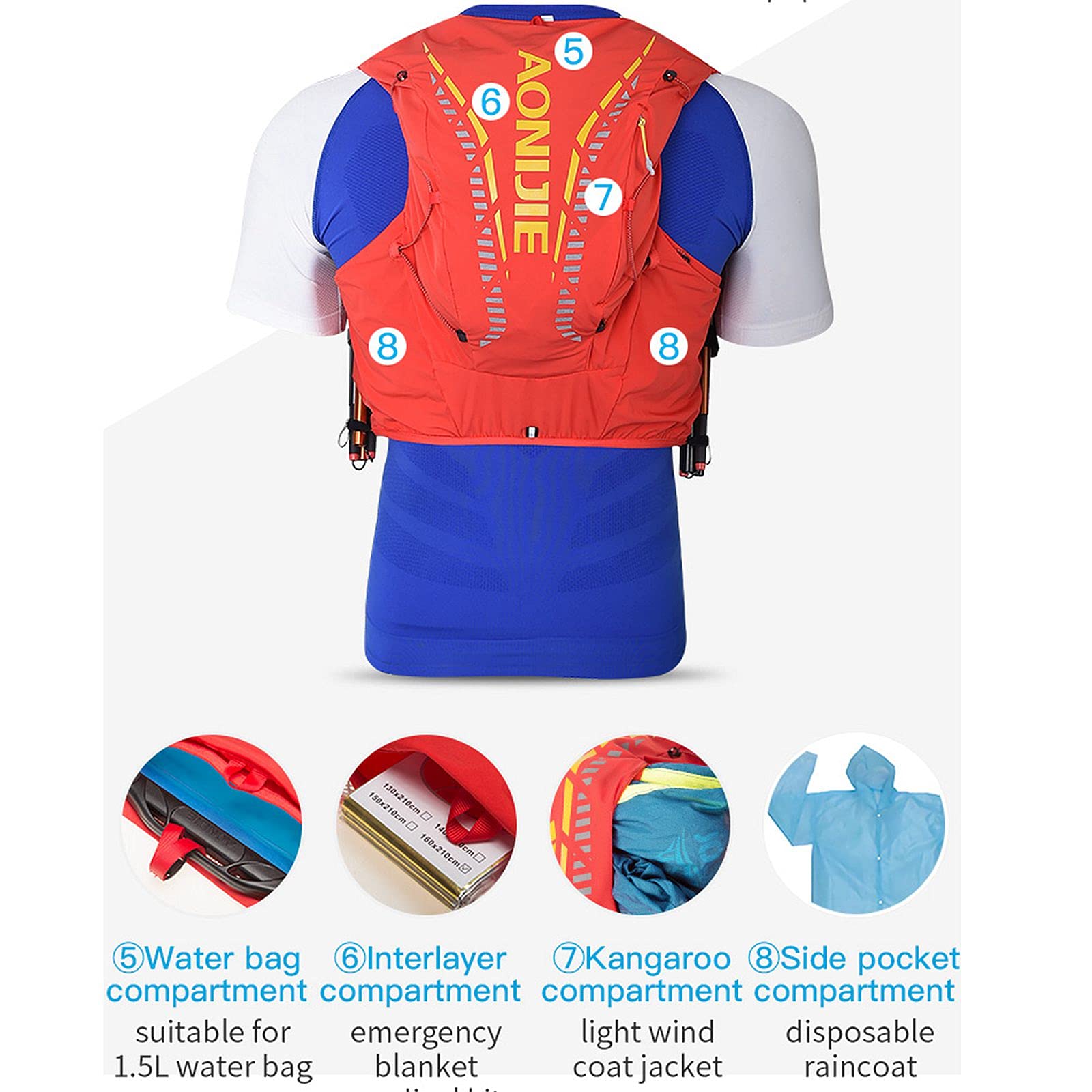 AONIJIE 12L blue trail running backpack load distribution system demonstrated