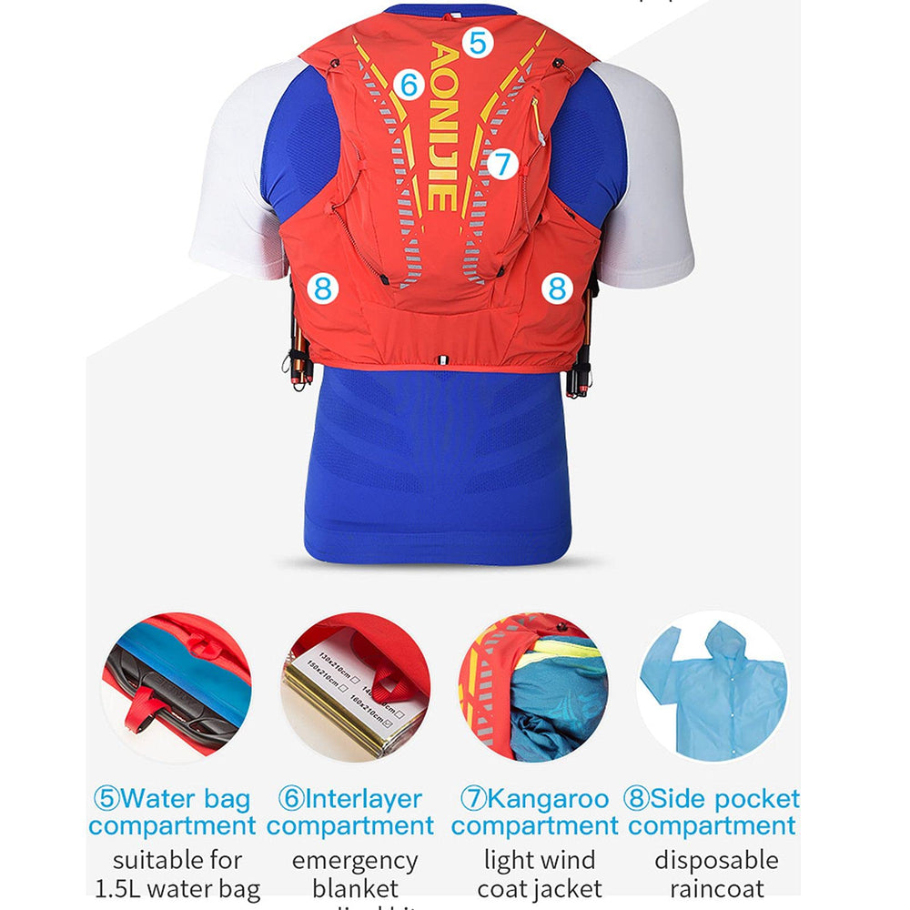 AONIJIE 12L blue trail running backpack load distribution system demonstrated