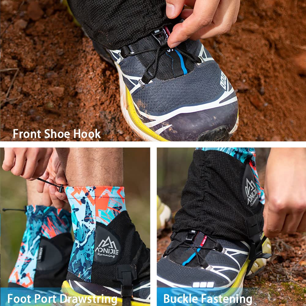 AONIJIE gaiters bottom snap strap highlights non-slip support on uneven terrain