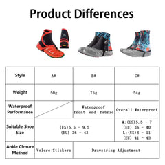 AONIJIE gaiters side view shows breathable fabric for comfortable damp conditions