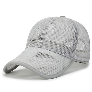 Close-up of breathable mesh and brim on gray cap
