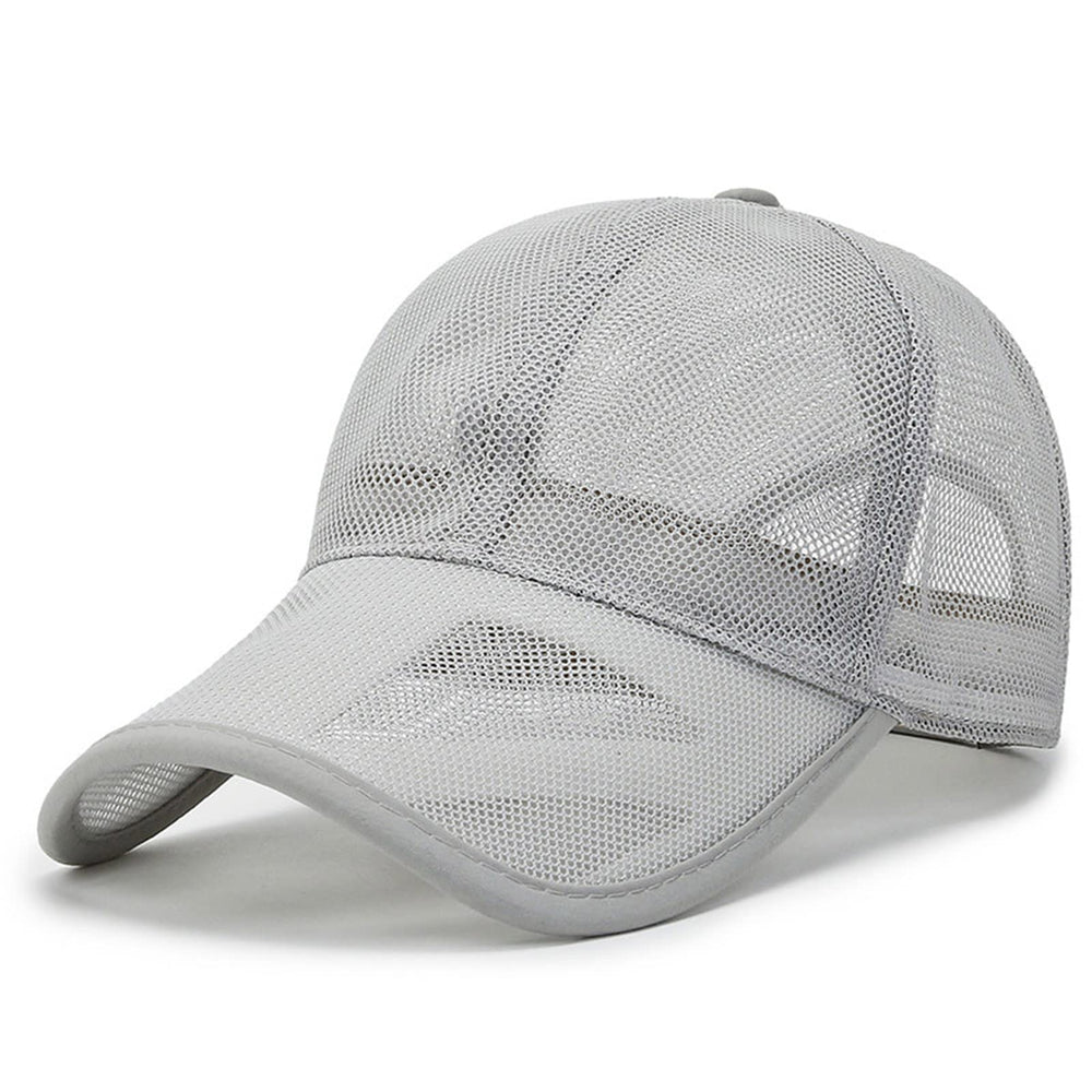 Close-up of breathable mesh and brim on gray cap
