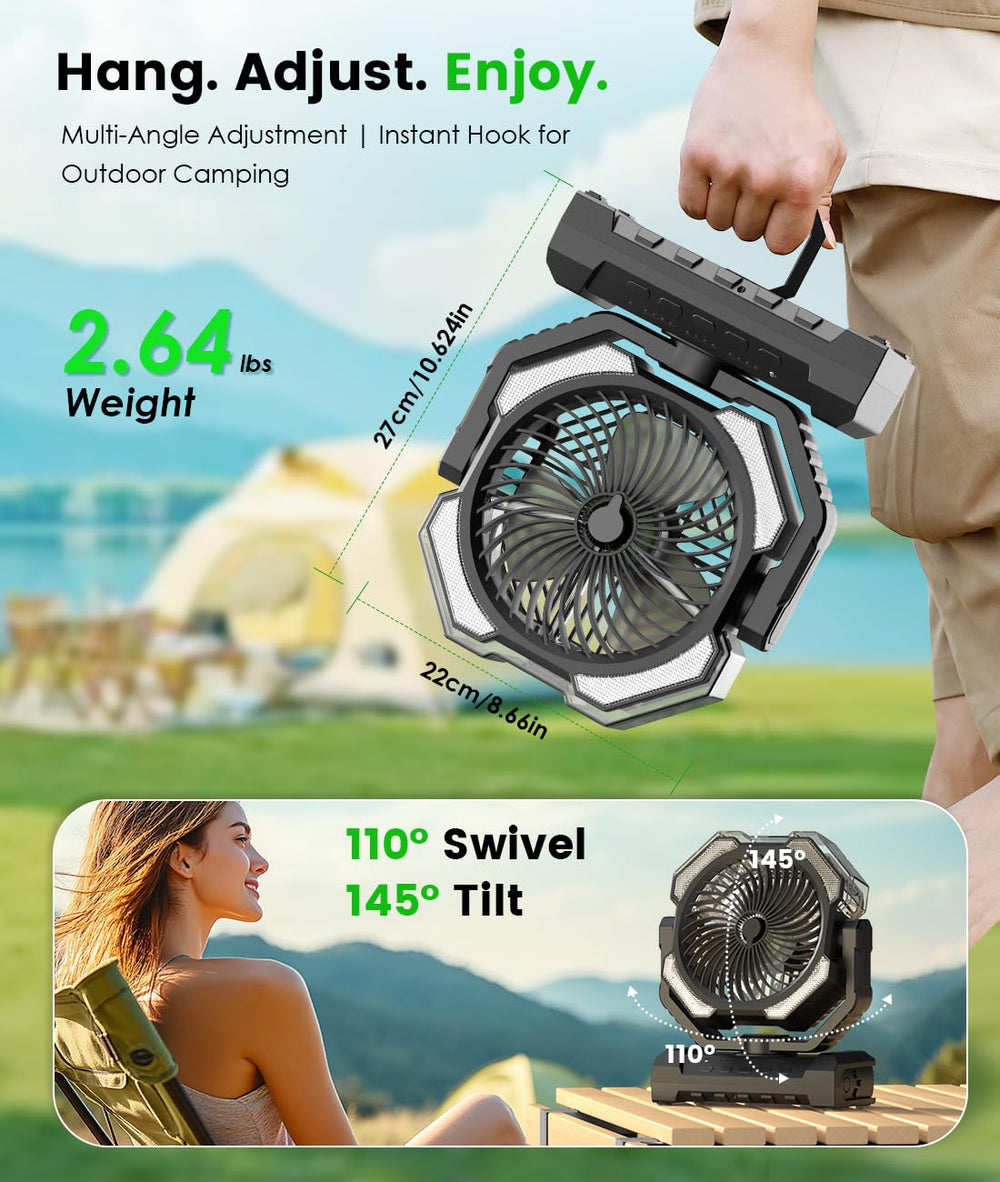 Aopircs misting fan cooling campsite setup and outdoor comfort.