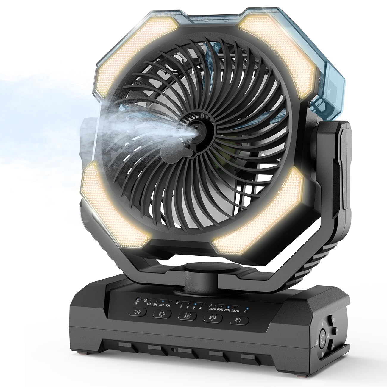 Aopircs misting fan shows 9oz water tank for extended cooling outdoors.
