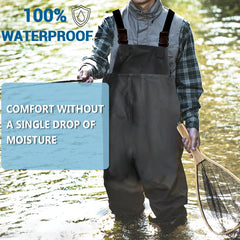 Adjustable H-shaped buckles and built-in chest pocket on waders
