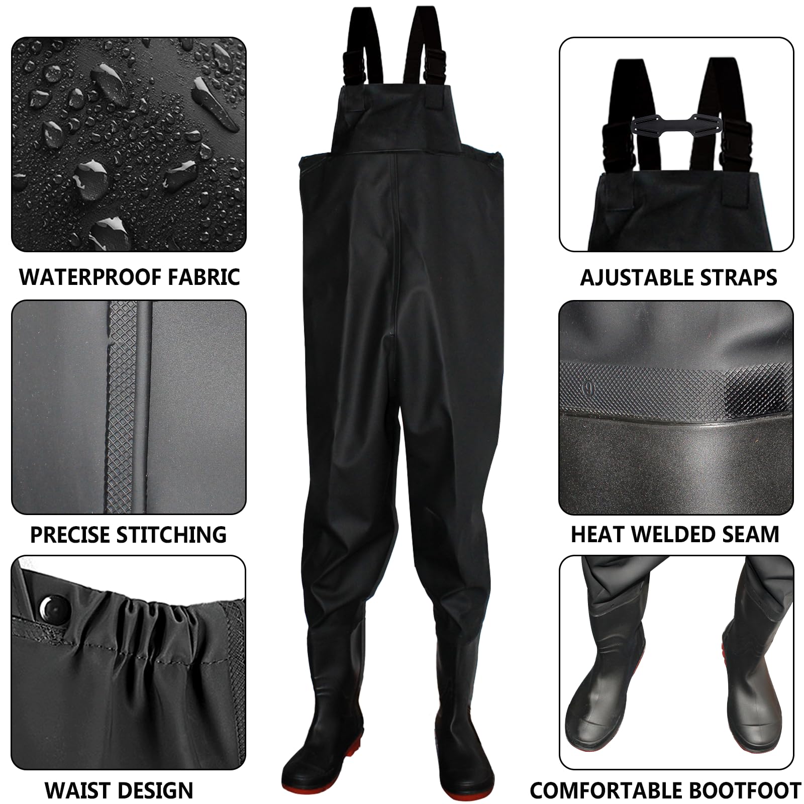Waterproof welded seams and reinforced bootfoot for leak prevention