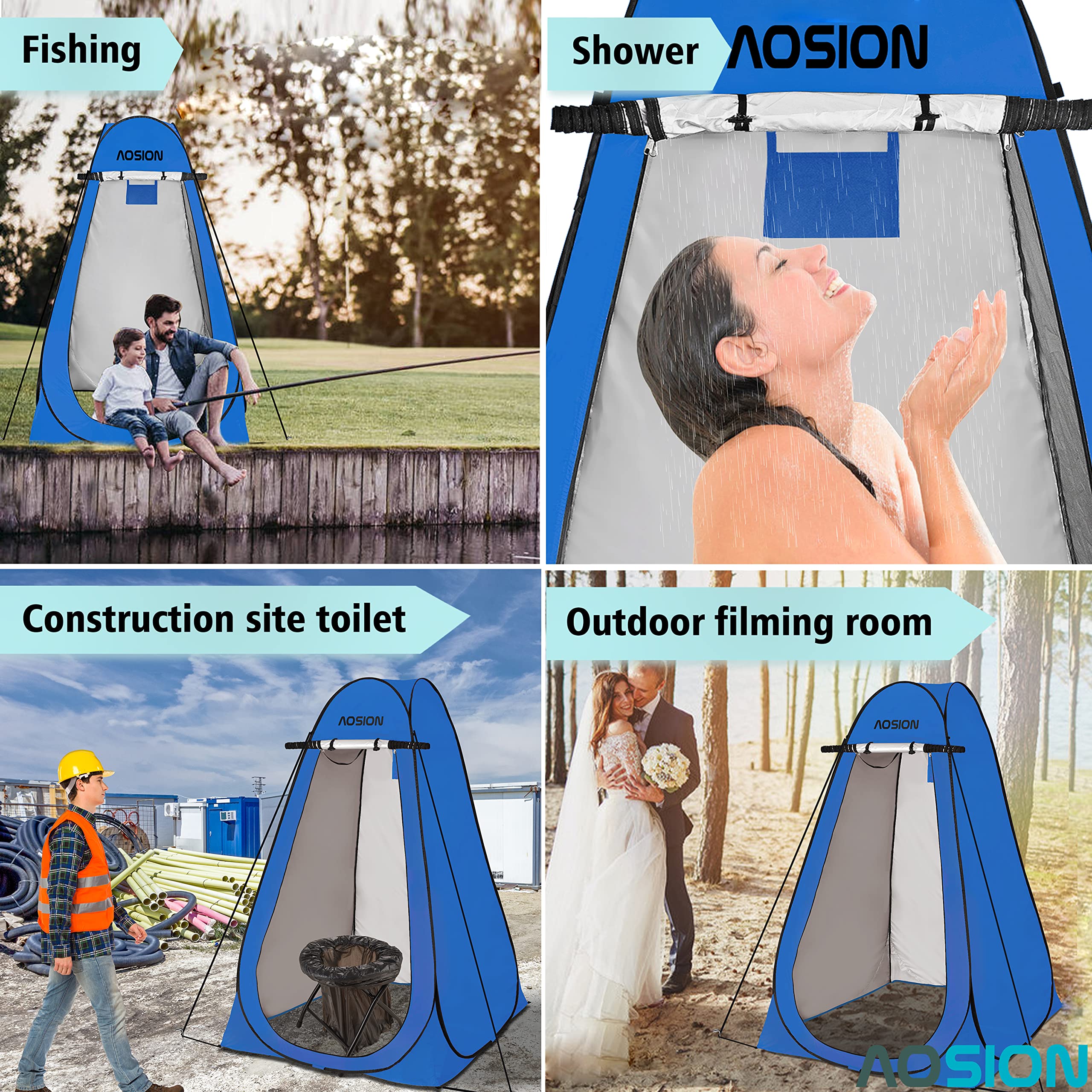 AOSION Multi-use Camping Shower Tent scenarios show versatility for camping, beach, or emergency shelter.