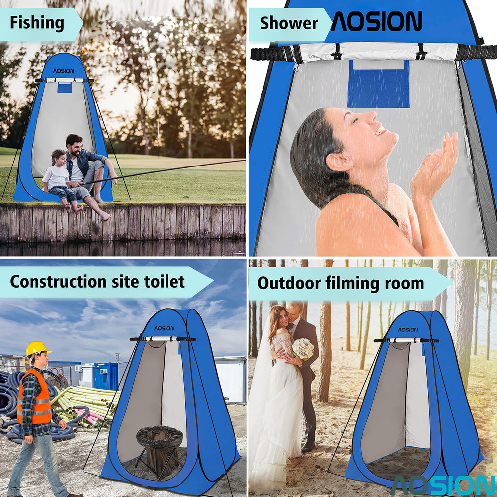 AOSION Multi-use Camping Shower Tent scenarios show versatility for camping, beach, or emergency shelter.