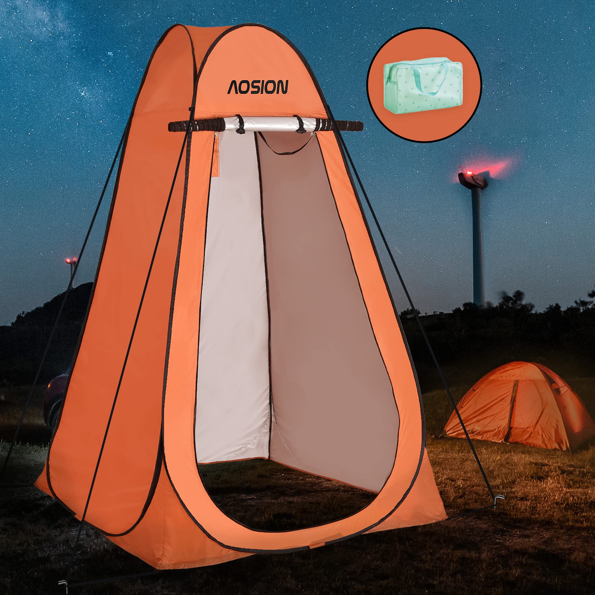 AOSION privacy shower tent interior shows spacious 76x40 inch room for easy changing.