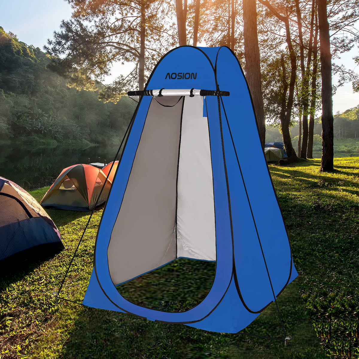 AOSION Privacy Shower Tent setup demonstrates tall interior space for comfortable dressing outdoors.