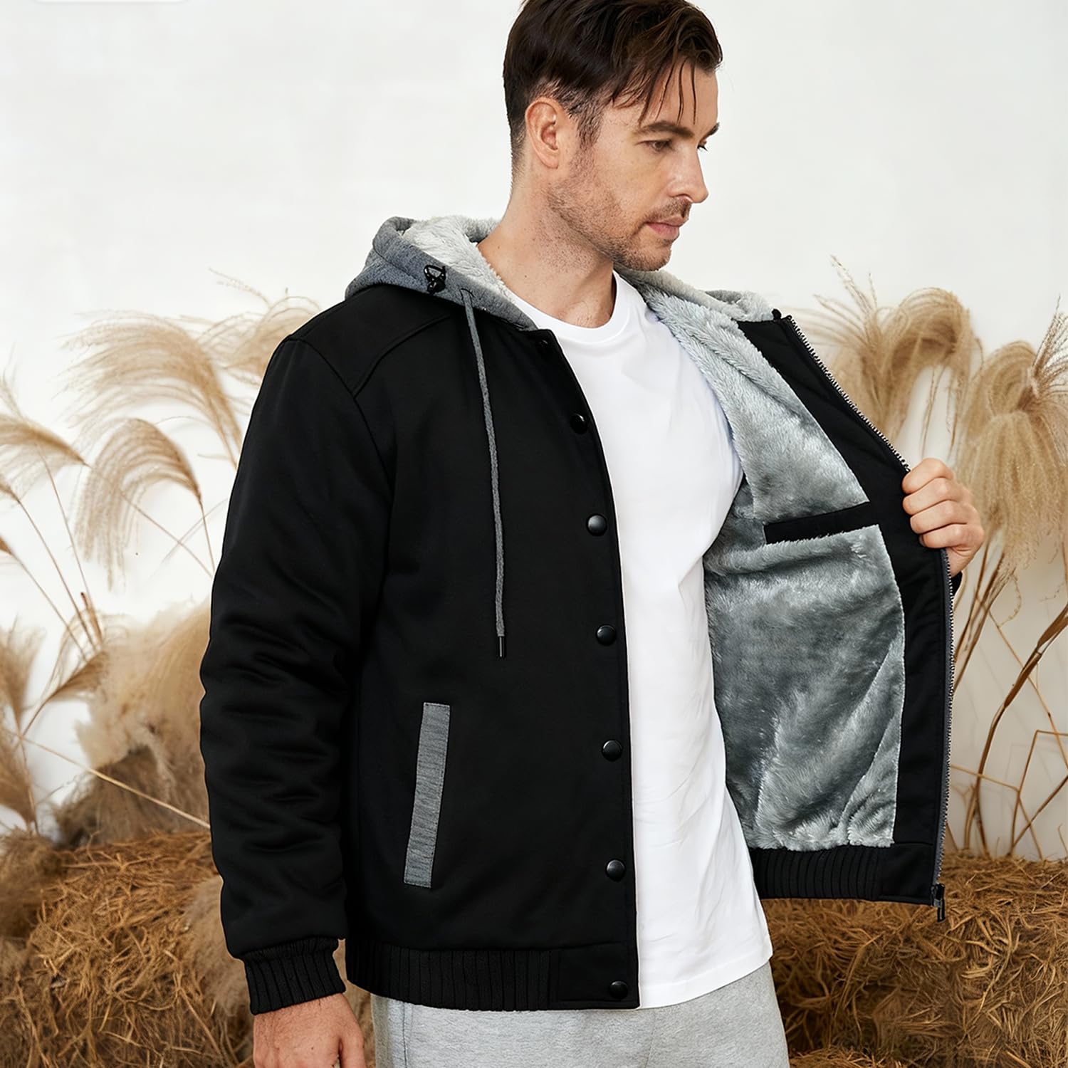 AOTORR men's hood drawstring detail emphasizes adjustable warmth and weather-ready comfort.