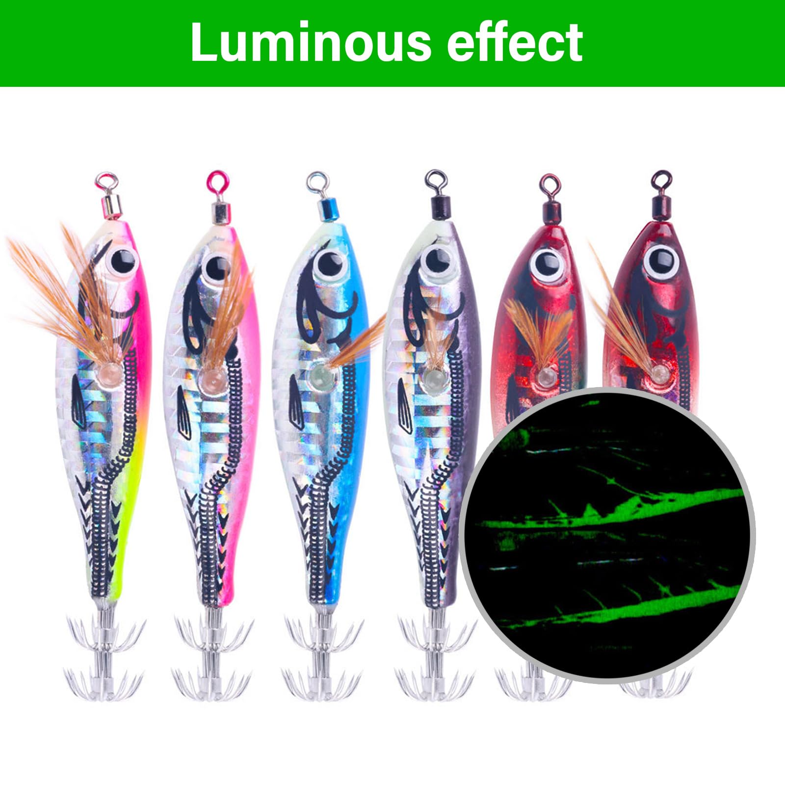 APCANS six-piece luminous squid jig glow pack for night fishing