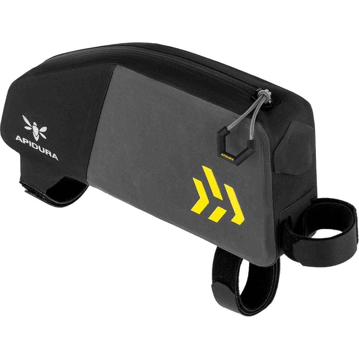 Apidura Backcountry Top Tube Pack 1L mounted on bike for quick-access storage.