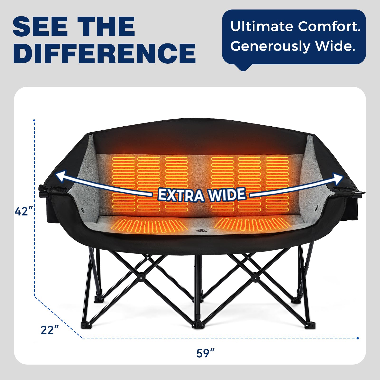 Apollo Walker heated double camping chair seat detail highlighting plush cushioning for long sessions