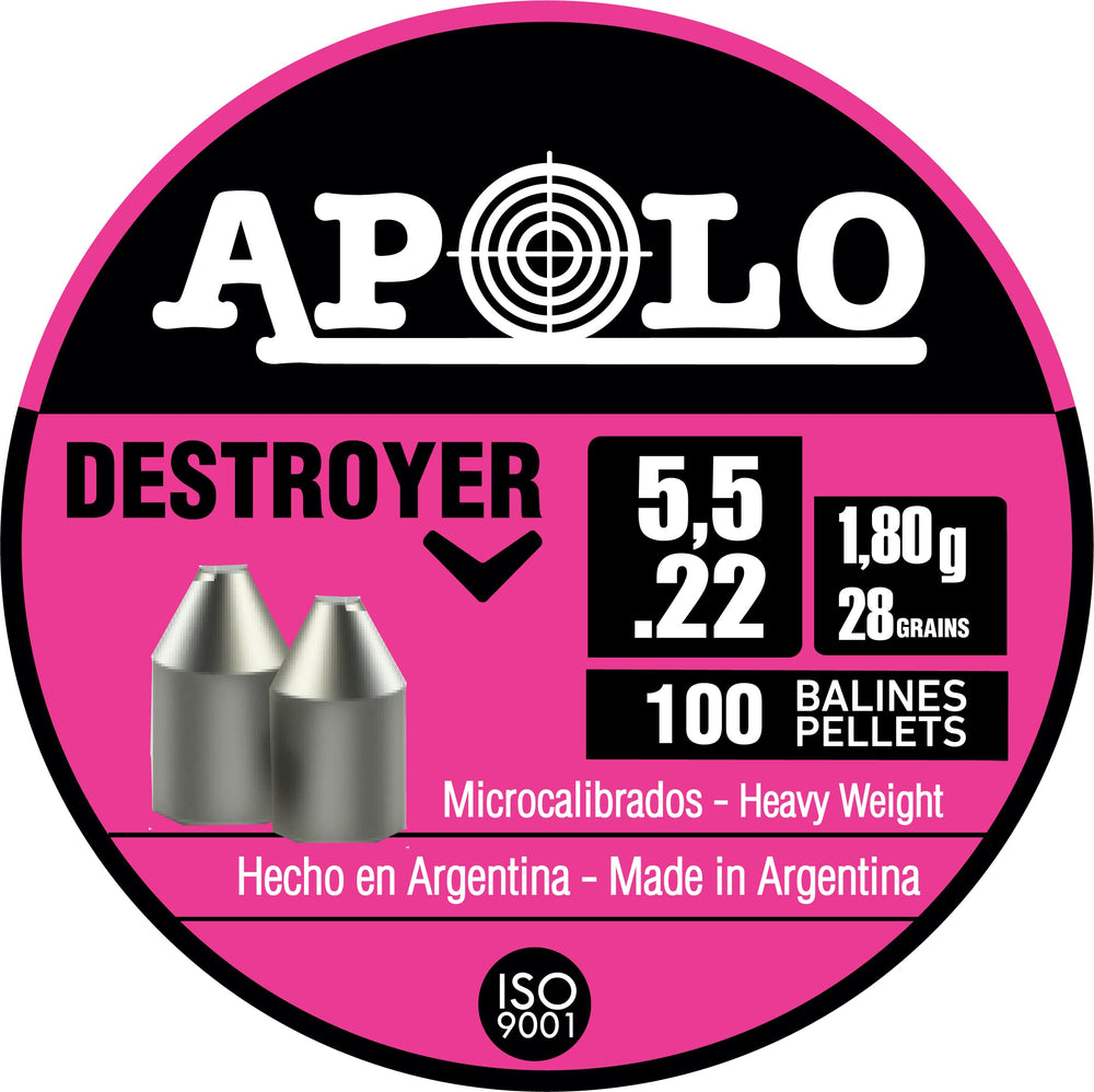 Apolo Destroyer pellets in a 100-count tin, 28 grains, 5.5mm for high-powered air rifles