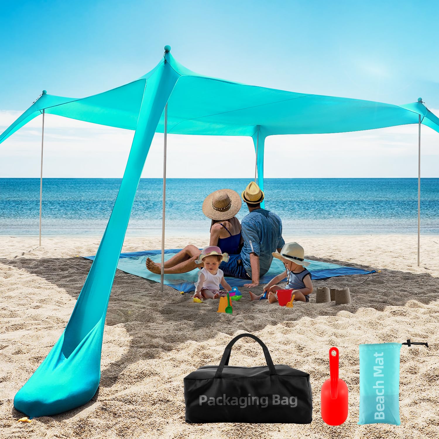 Aporio Beach Tent Sun Shelter 10x10 setup on sand provides cool shade for a family day