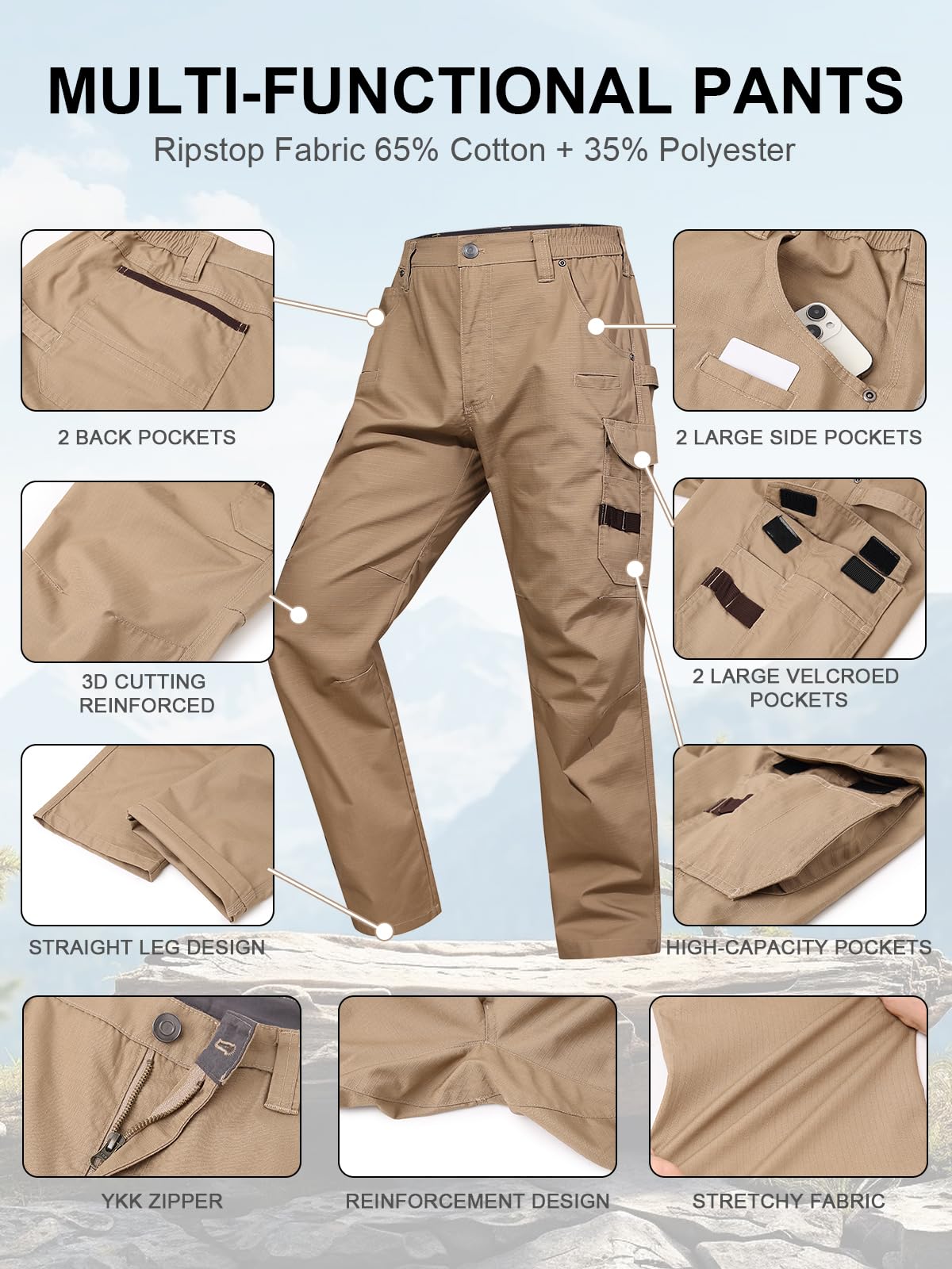 Apotemis cargo pants elastic waist show flexible, comfortable fit during activities.