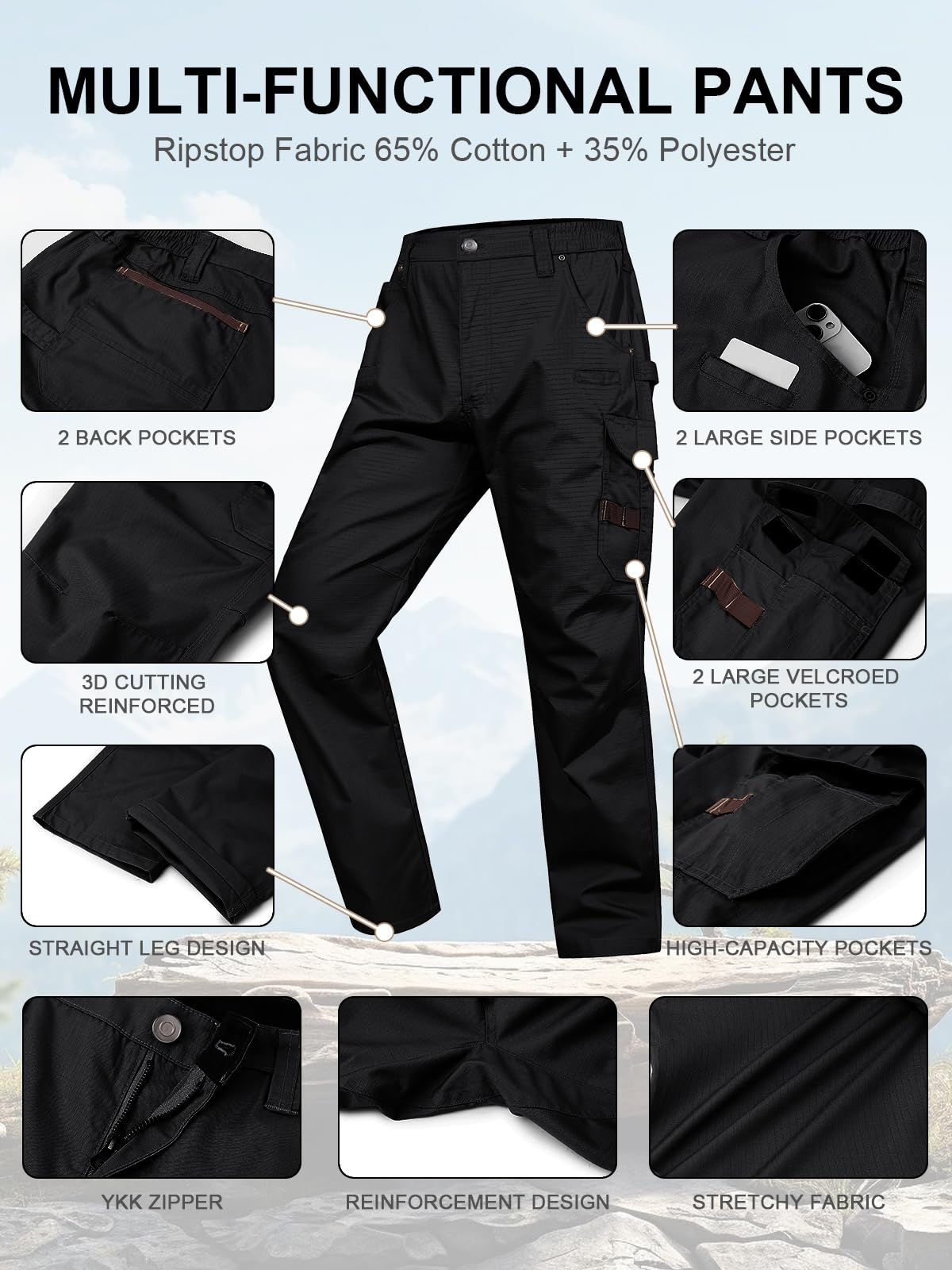 Apotemis men's ripstop cargo pants YKK zipper detail for smooth operation.