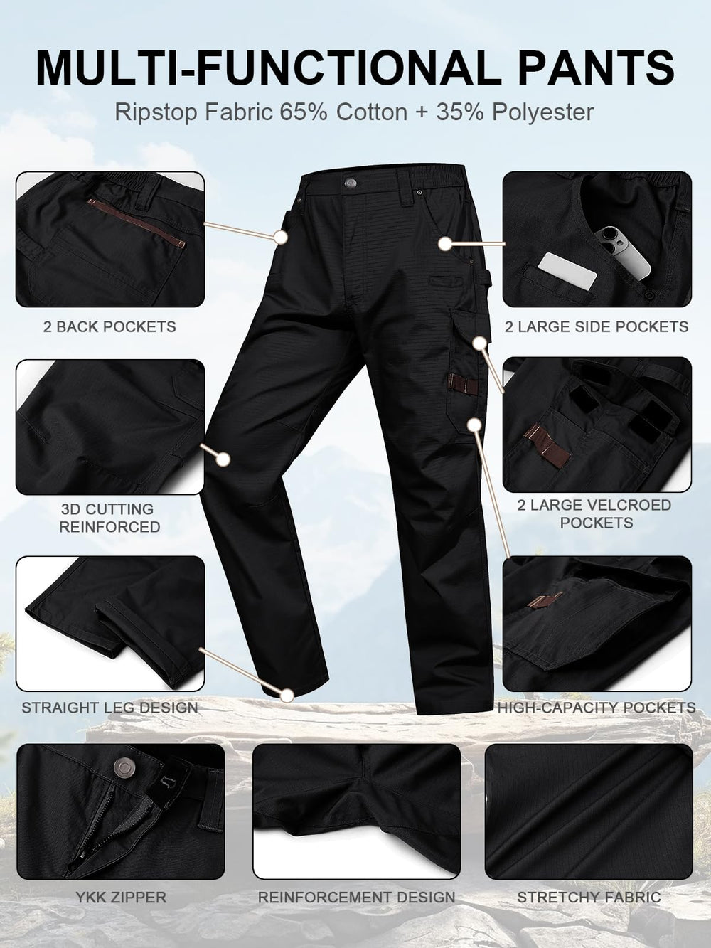 Apotemis men's ripstop cargo pants YKK zipper detail for smooth operation.